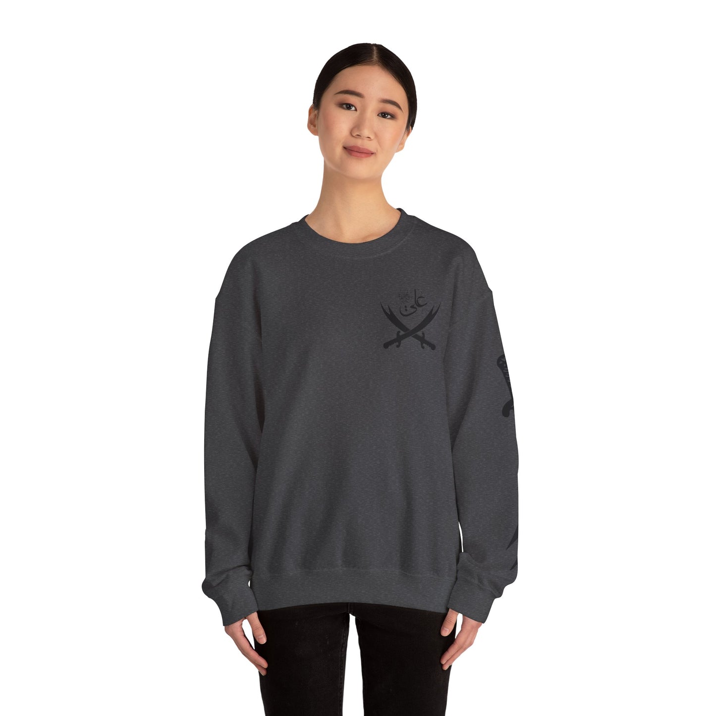Crewneck Sweatshirt — Arabic Calligraphy with Crossed Swords Design
