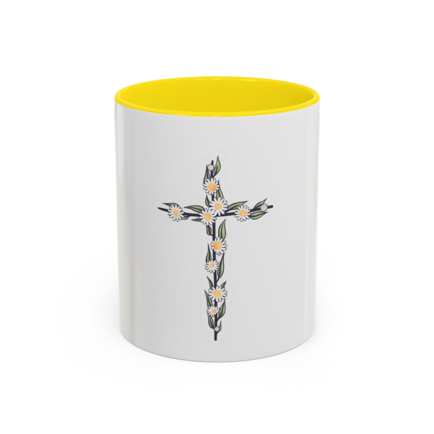 Floral Cross Accent Coffee Mug — Daisy Cross Religious Gift