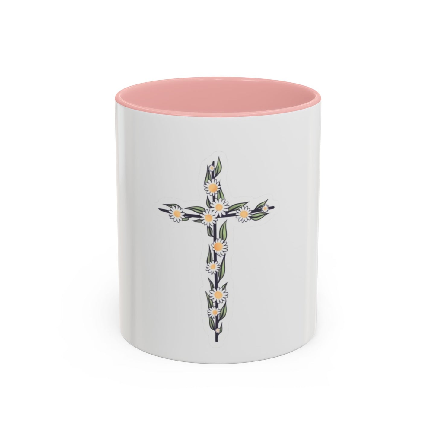 Floral Cross Accent Coffee Mug — Daisy Cross Religious Gift