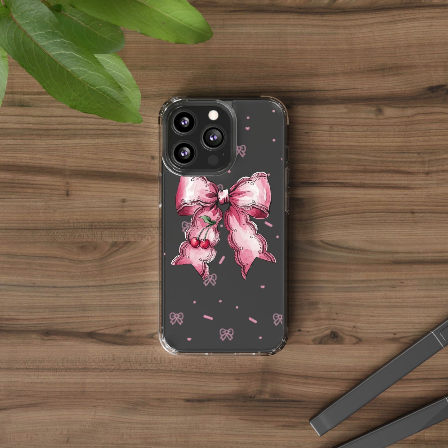 Pink Cherry Bow Clear Phone Case – Cute Kawaii iPhone Cover
