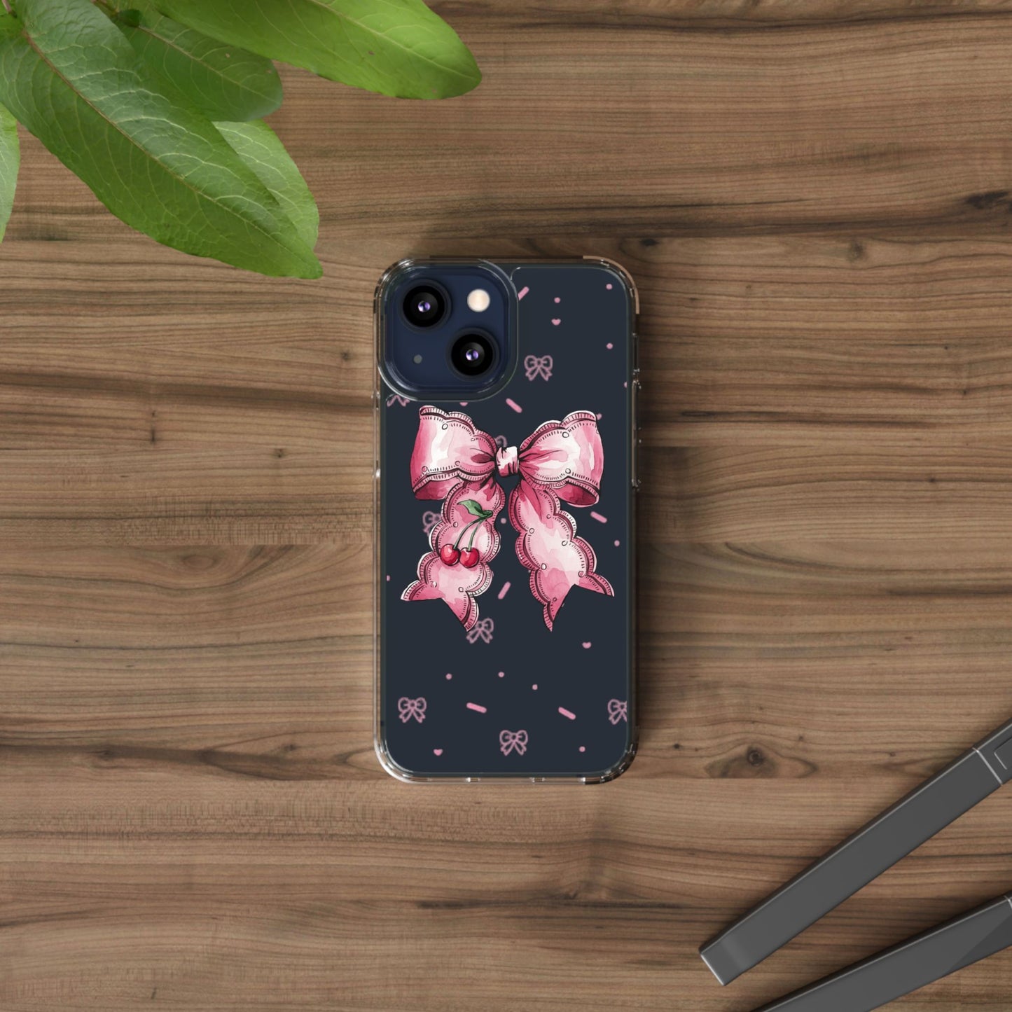 Pink Cherry Bow Clear Phone Case – Cute Kawaii iPhone Cover